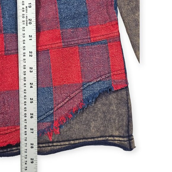 Oli & Hali Hooded Red Blue Plaid Shacket Brown Sleeves Distressed Hem Size S - Picture 5 of 8